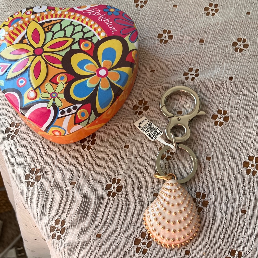 Brighton Multicolor Floral Heart Tin with Shell Keychain
